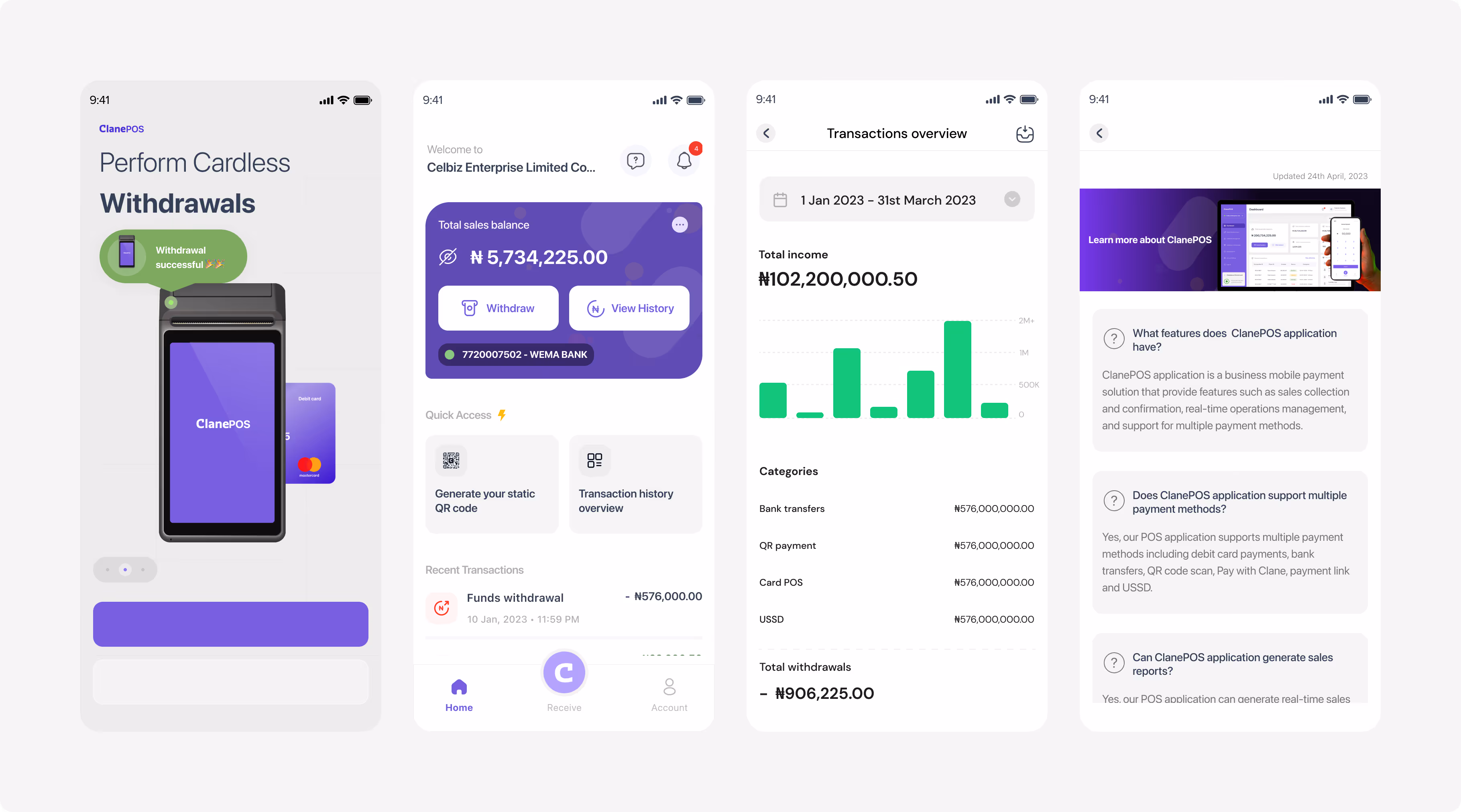 ClanePOS mobile app interface showing cardless withdrawals, total sales balance, transaction overview with bar chart, and FAQ about features and payment support.