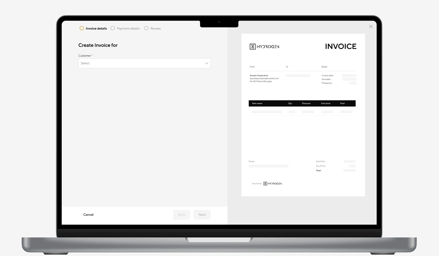 Laptop screen showing an invoice creation interface with customer selection on the left and a preview of a detailed invoice on the right.