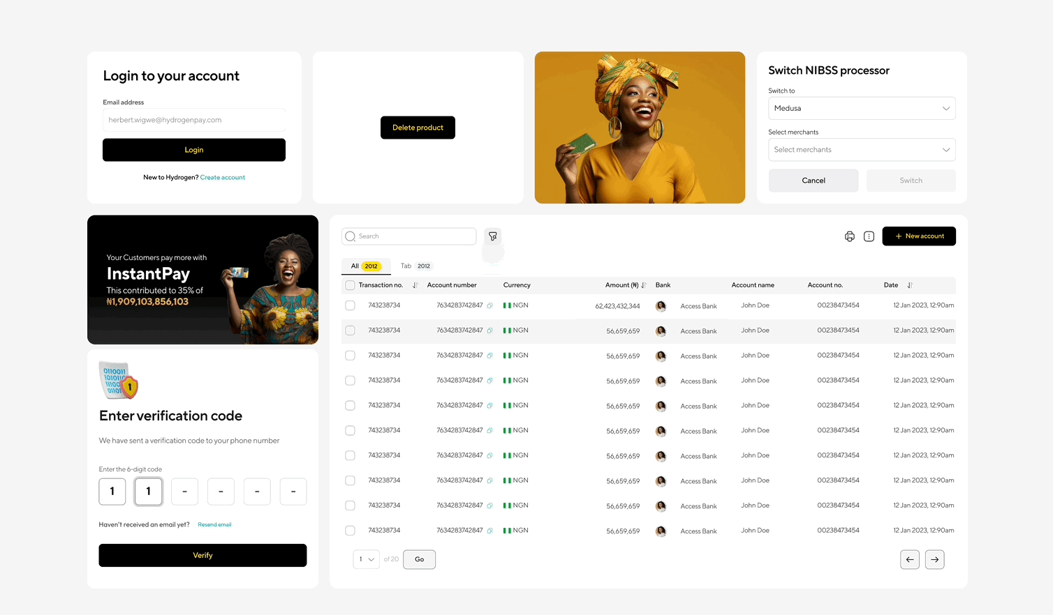 User interface dashboard showing login form, product deletion button, smiling woman with credit card, processor switcher, InstantPay promotion, verification code entry, and a transaction table listing payments to Access Bank from John Doe.